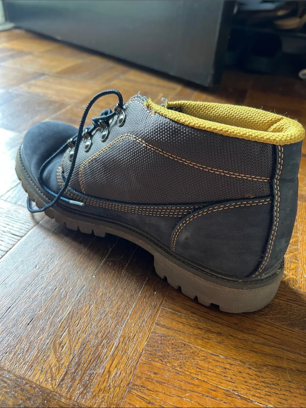 Timberland Navy Work Boot with Yellow Collar